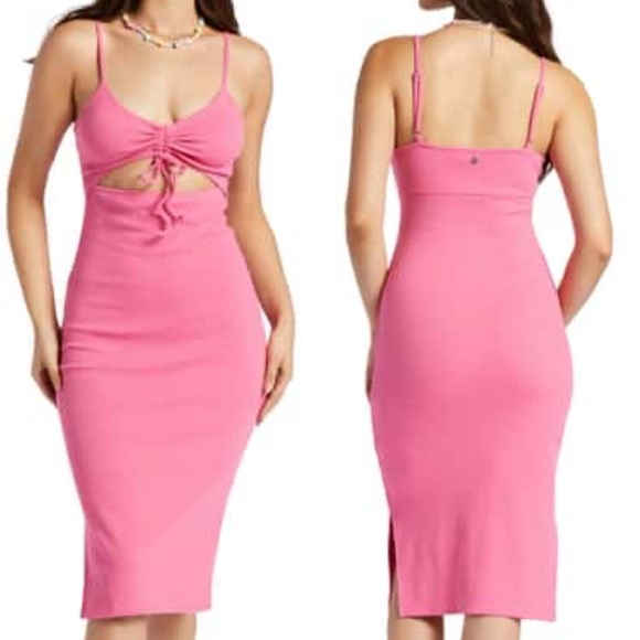 ROXY Women's Wavey Baby Dress Stretchy Ribbed Cutout Ruched Tank Pink X-Small XS - Picture 1 of 15